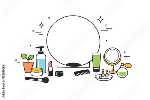 Mirrors without faces. Abstract dressing table view with round mirror and everyday objects, no reflection visible. Scene of routine and self-care without