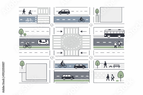 Transport and vehicles minimal top-down. Abstract overhead view of city blocks with vehicles, bike lanes, and pedestrian paths forming a visual grid. The