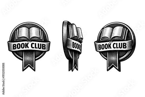 Book club emblem badge with bookmark motif shown from front view, profile view, and three-quarter view as a single object set. Black and white dot style with