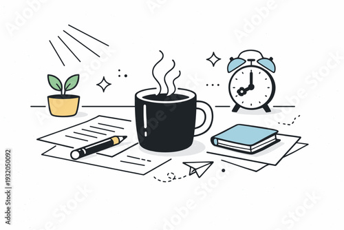 Film-like grain aesthetics. Coffee cup on a desk with scattered papers, light streaming in with soft grain over surfaces. Everyday objects highlighted with