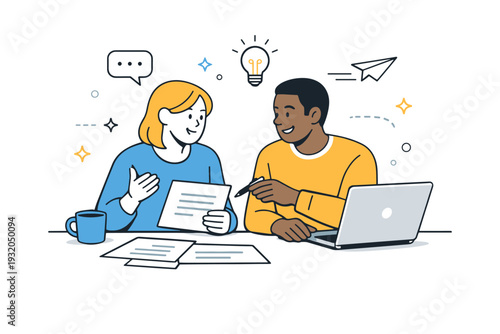 Rebuilding social connections at work. Colleagues exchanging ideas over documents and a laptop, seated comfortably side by side. Calm collaboration, rebuilding