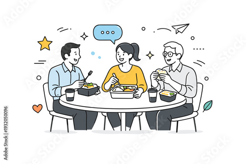 Office lunch break. Colleagues sitting at a small table with lunch boxes and coffee cups, relaxed conversation and light smiles during a midday pause. Calm