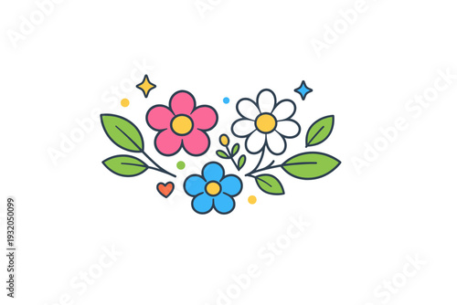 Spring flat lay floral composition with simple blossoms, leaves and gentle decorative accents placed in a balanced overhead arrangement, expressing freshness