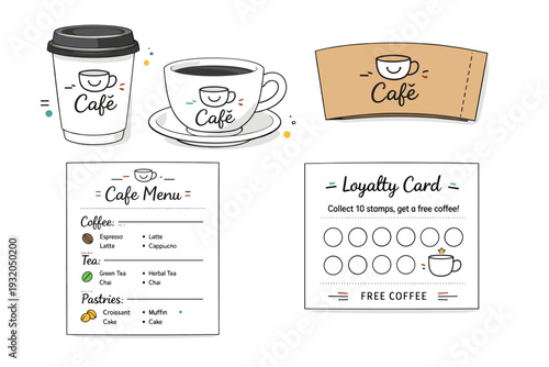 Coffee shop branding set. Cups, takeaway sleeves, menu card, and loyalty card shown as simple vector assets. Friendly, modern cafe identity with clean visual