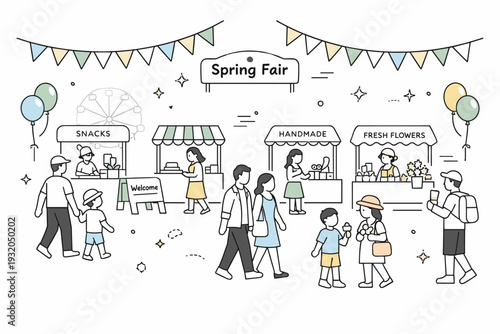 Seasonal spring fair. A wide view of a fair space with flags, balloons, and simple signage, people calmly moving through. The illustration captures light