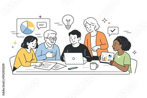 Intergenerational teamwork. A mixed-age team collaborating around a table with shared documents and screens, showing mutual respect and cooperation. Balanced