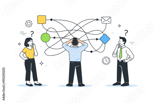 Lack of role clarity. People pause in front of a workflow diagram with crossed paths, unsure how to proceed. Clean editorial scene with minimal UI elements and