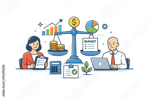 Budget oversight by leaders calm financial control scene with charts and balance elements arranged neatly, expressing accountability, transparency and long