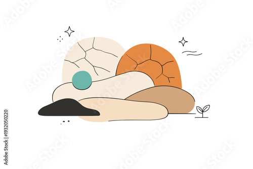 Natural clay and mud surfaces. Abstract earthy shapes layered gently, referencing dried mud, pottery, and soil textures. Calm grounded mood with slow visual