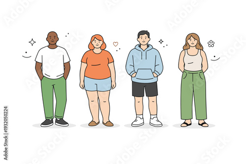 Body neutrality visuals. Diverse people standing comfortably in their bodies, neutral posture and calm expressions without emphasis on appearance. Balanced