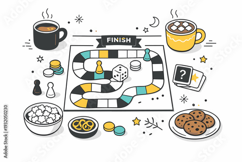Cozy winter board game nights. Top-down flat lay with board game board, tokens, mugs, and snacks placed neatly. Peaceful winter evening mood with warmth and