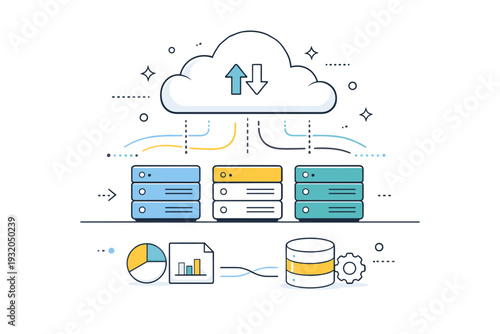 Business concepts without people. Editorial technology scene with cloud, server blocks, and data flow lines. Modern digital business infrastructure with calm