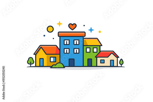 Community based living represented by cooperative housing where simple buildings form a cohesive cluster, expressing stability, affordability, and shared