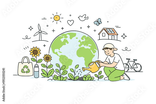 Eco-friendly lifestyle Earth Day. A person watering plants growing around a simplified globe, showing everyday sustainable actions. Peaceful routine and