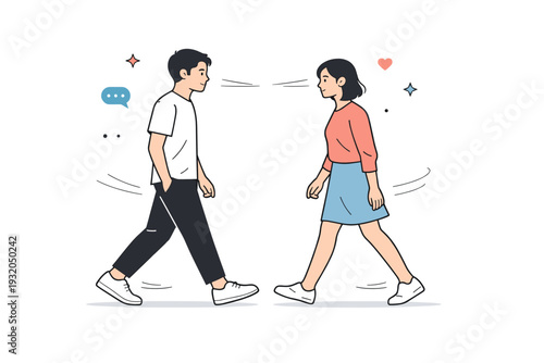 Silent conversations through body language. Two people pass each other, brief eye contact and mirrored steps suggesting unspoken exchange. Momentary