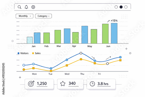 Charts and graphs illustration. A clean dashboard with bar and line charts, simple axes and data points, calm analytical mood. Clear presentation of