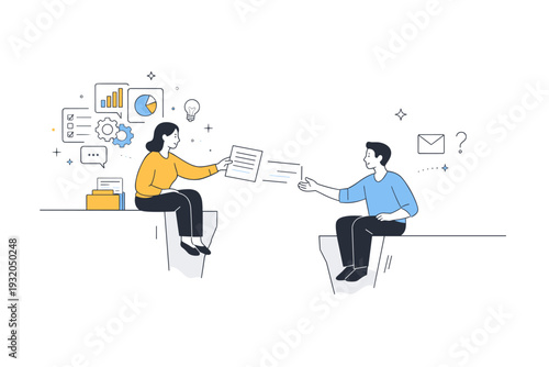 Information asymmetry. Two people exchanging documents across a visual gap, one side showing more data cards and icons than the other. The scene illustrates