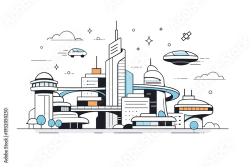 Futuristic cityscapes. Abstract urban landscape with layered buildings, sky bridges, and simple flying vehicles. Soft sci-fi mood without darkness, modern and