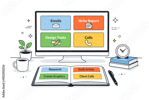 Task batching productivity methods. Desk scene with tasks organized into clear blocks on a screen and notebook. Visual clarity and reduced cognitive load.