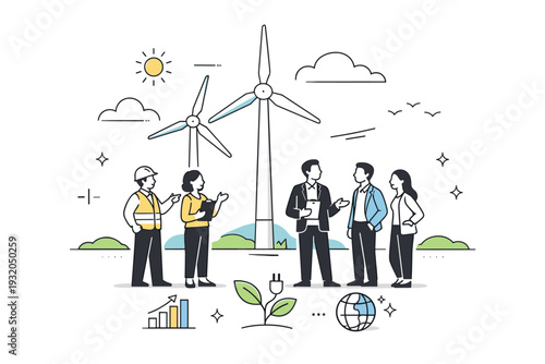 Wind power development. People standing near modern wind turbines, discussing progress and impact. Open space, steady motion, sense of scale and calm progress.