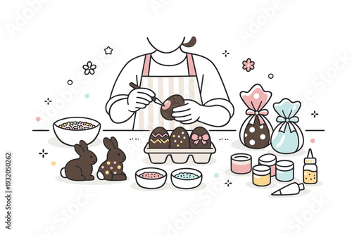 Easter chocolate decorating stage. A person using simple tools to add sprinkles, colors, or wrapping to chocolate eggs or figures. The mood feels joyful,