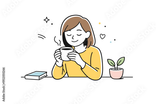 Micro-joy everyday moments. Small moment of happiness as a person enjoys a warm drink, slight smile and relaxed posture. Gentle everyday pleasure with minimal