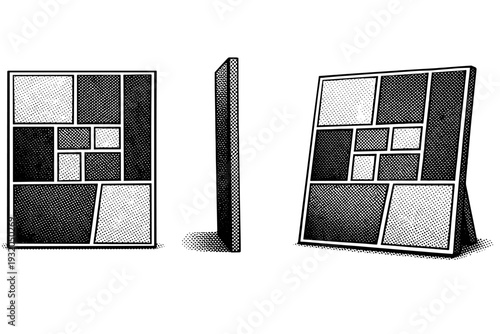 Comic montage composition grid represented as one multi-panel layout object shown in three views: front view, side view, and three-quarter view focusing on
