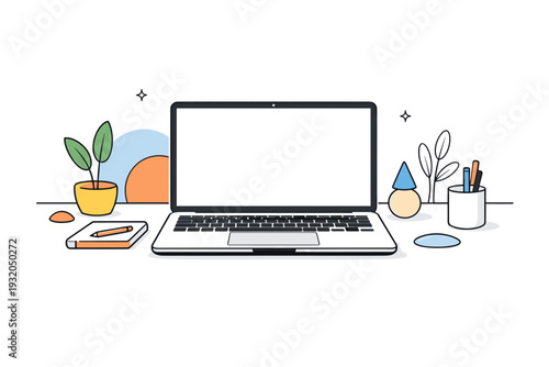 Product mockups and templates. A laptop mockup on a simple desk with abstract props, screen empty and centered for design insertion. Editorial lifestyle touch