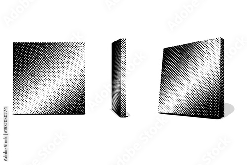 Black and white halftone luxury texture A refined halftone texture tile with elegant dot density variation shown in front view, side view, and three-quarter