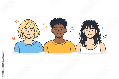 Natural hair variety. Two or three characters with different unstyled hairstyles, all relaxed and slightly imperfect. Inclusive, realistic look highlighting