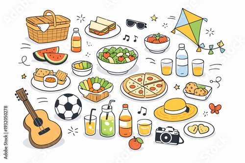 Family spring picnic flat lay objects. Shared food, drinks, and playful elements like a ball or kite arranged in a friendly top-view composition. The scene