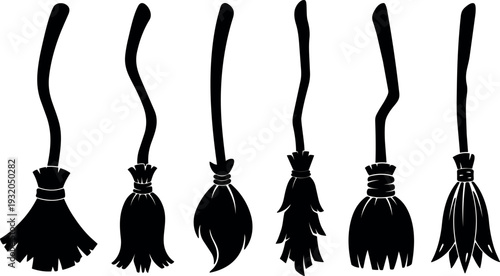 Flat design spooky broom silhouette set six hanging old wooden handles varying bristle shapes halloween witch cleaning vector black rustic