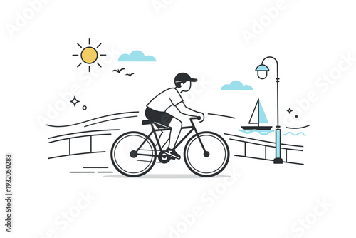 Cycling through summer air. A minimalist scene of a bicycle and rider gliding along a promenade, with gentle curves and decorative elements highlighting