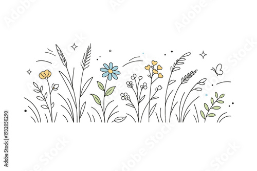 Wild grass and meadow details. Delicate blades of grass and small wildflowers gently swaying, arranged in a calm natural pattern. Scene conveys quiet