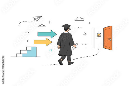 Graduation season future path. A conceptual scene with a graduate stepping forward toward simple abstract symbols like arrows, steps, or an open door. The