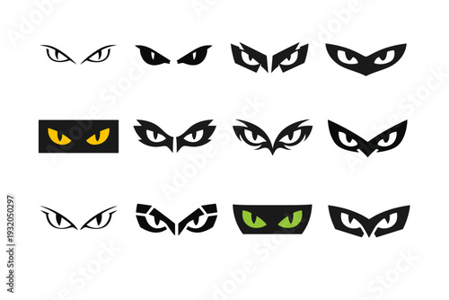 Predator eyes. Icon set. Set Logo of predator eyes: glowing animal eyes. harmonious logo variations of the same emblematic concept, each with different