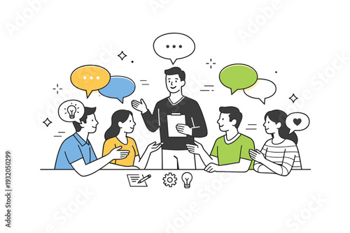 Team leadership. A leader facilitating a discussion while team members exchange ideas calmly. Open communication and collaboration with speech bubbles floating