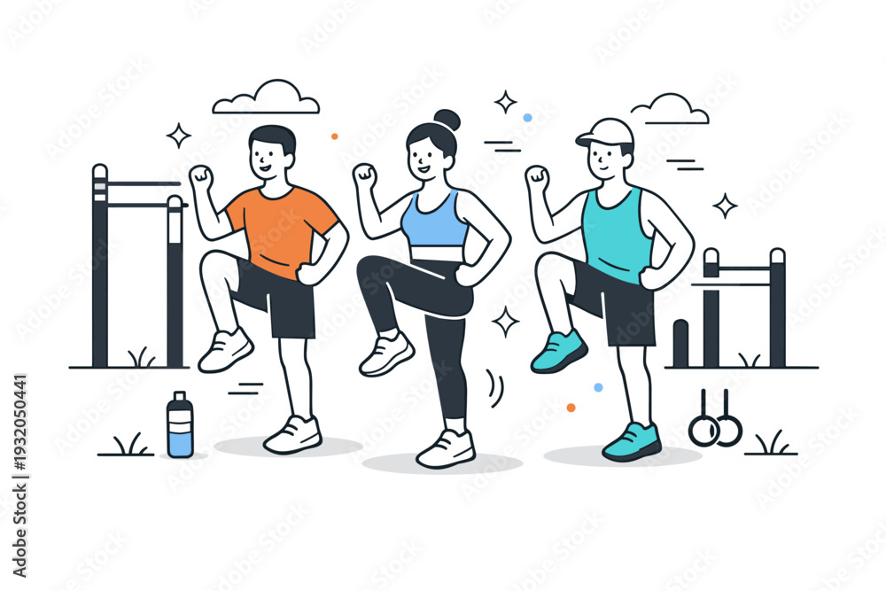 Fototapeta premium Outdoor calisthenics workouts ? Group calisthenics session outdoors. Two or three people training together, encouraging atmosphere, synchronized movements and