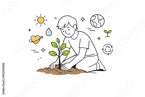 Environmental awareness themes. A person gently planting a young tree in clean soil, calm and focused on the action. The scene conveys care for nature and