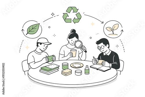 Circular product material testing. Designers experimenting with recycled and biodegradable materials on a shared round table, abstract icons of leaves and