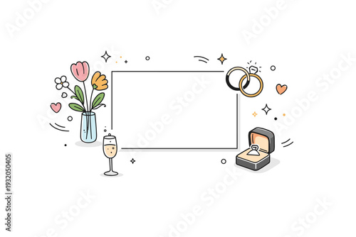 Engagement announcement backgrounds. Editorial-style scene with a minimal bouquet and a small card space in the center, soft celebratory atmosphere without