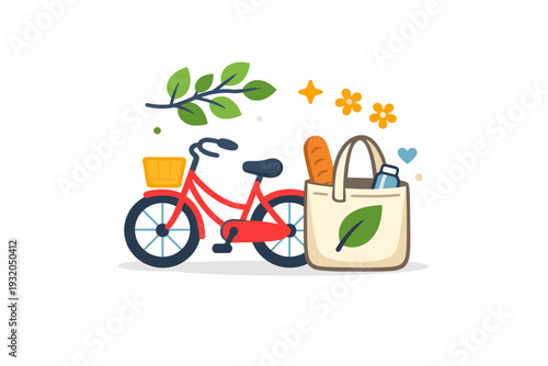 Eco friendly spring lifestyle a compact vignette with a bicycle, tote bag, and blooming leaves, symbolizing sustainable habits and gentle everyday movement.