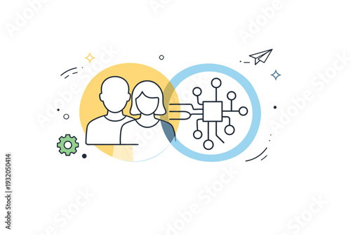 Conceptual tech visuals. Human and digital symbols gently overlapping, representing collaboration between people and technology. Spacious editorial layout with