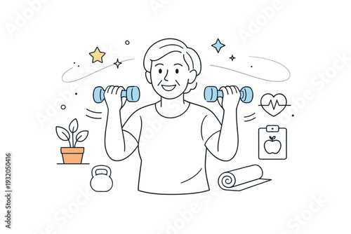 healthy aging strength training. A senior lifting light dumbbells while smiling, subtle abstract lines and floating stars indicating safe, focused exercise at