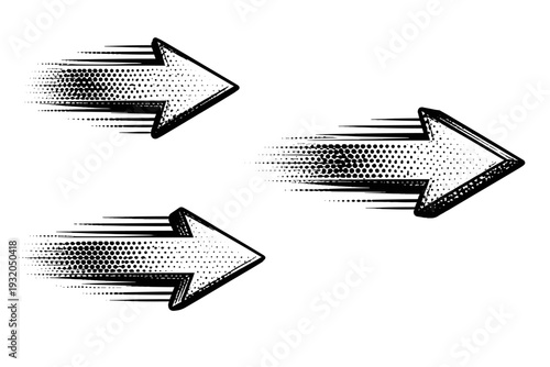 Comic halftone directional arrow element A bold directional arrow motion element with sense of movement illustrated in front view, side view, and three-quarter