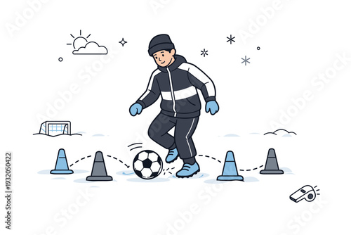 Winter football practice setup. Player demonstrating drills with ball and markers on soft snow, calm and instructional mood. Clean editorial-style visual for