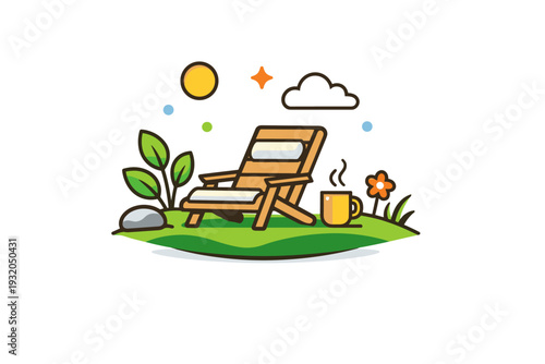 Spring weekend vibes calm nature escape with grass, leaves and warm daylight, symbolizing pause, balance and mental recharge. Minimalist flat vector