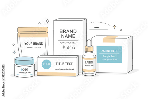Modern packaging design scene. Abstract arrangement of boxes, labels, and containers with placeholder text areas. Focused branding, organization, and editorial