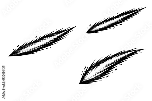 Comic halftone energy slash effect, a single diagonal energy slash effect object represented in flat front view, angled side view, and three-quarter dynamic