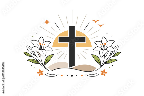 Catholic Easter illustration. An abstract editorial composition combining a cross, lilies, and soft light symbols arranged in a balanced layout. The